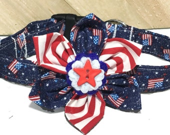 Red, White and Blue Patriotic Flag Dog and Cat Collar with Matching Bow Tie or Flower