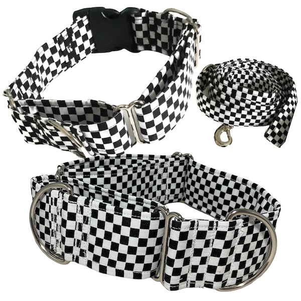 Black and White Checkered Slip On Martingale Dog Collar - Buckle Upgrade- Leash Upgrade