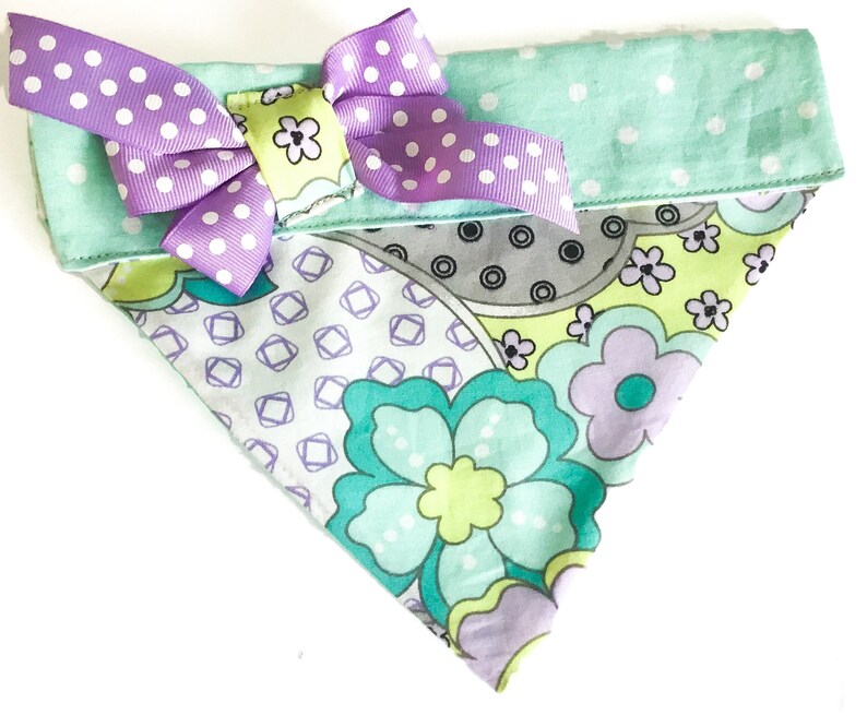 Mint Green and Purple Floral Dog or Cat Bandana With Side Bow for