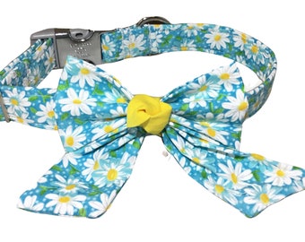 Aqua Daisy Dog or Cat Collar & Bow Set with Standard Yellow Buckle  or Metal Buckle Upgrade- Daisy Leash Upgrade