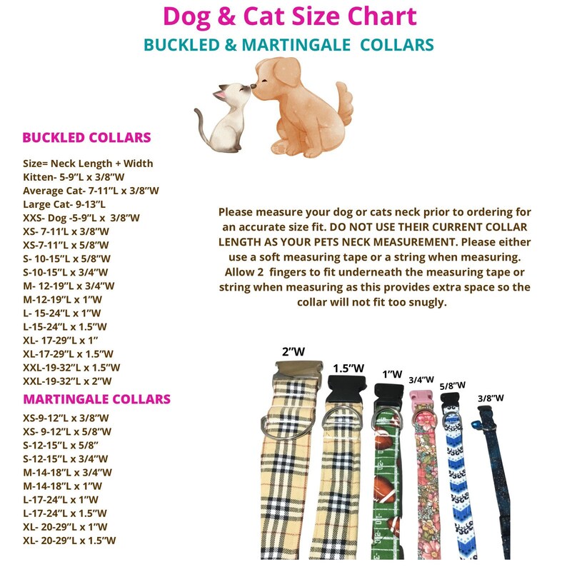 a dog and cat size chart for collars