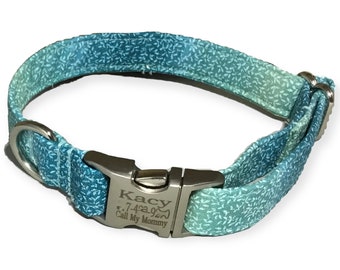 Personalized Turquoise Dog Collar - Silver Engraved Buckle- Leaves on Aqua, Green, Turquoise