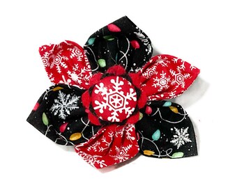 Christmas Lights Flower for Girl Dog or Cat Collar - Christmas Lights with Snowflakes - Fabric Collar -Attachable CollarAccessory