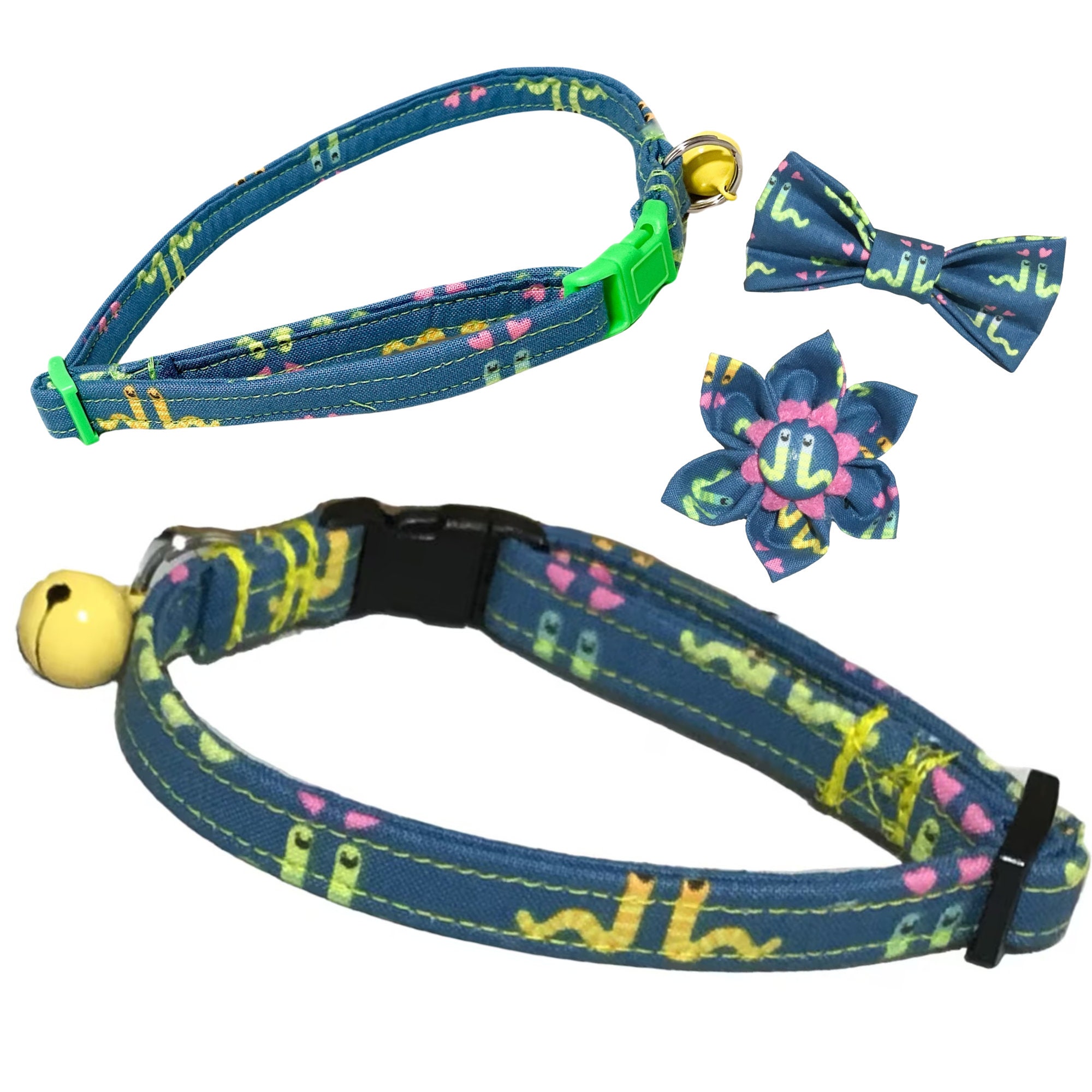 Blue Worm Breakaway Cat Collar with Bell / Matching Flower /Bow tie Option / Buckle Color Option