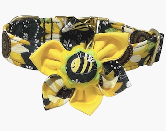 Sunflower Bumble Bee Collar with Flower - Metal Buckle Upgrade Option