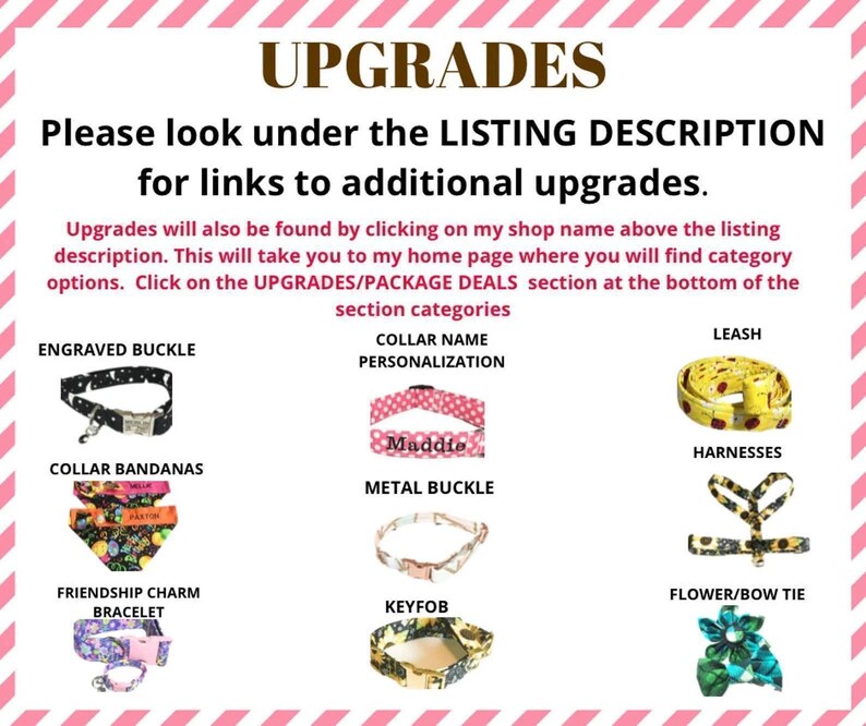 a sign that says please look under the listing description for links to additional upgrades