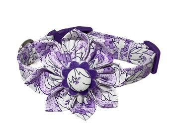 Purple & White Floral Collar with Flower Set for Female Dogs or Cats- Purple Buckle or Slip On Martingale- Custom Made