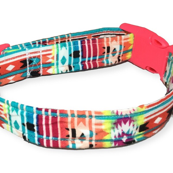 Southwest Tribal Collar for Dog or Cat - Neon Pink Buckle or  - Rainbow Colors- Metal Buckle Upgrade-Buckle, Breakaway, Martingale Available