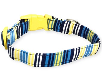 Blue & Yellow Striped Collar With Yellow Buckle for Dog or Cat- Slip on Martingale Option- Metal Buckle Upgrades