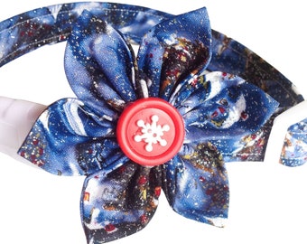 Blue Christmas Flower Collar for Female Cats and Dogs -Winter Collar Sets- Snowy Night Christmas Collars
