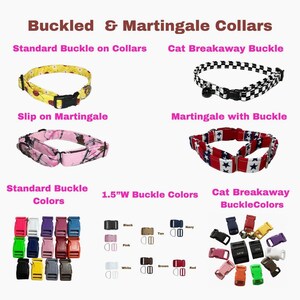 a variety of Buckled & Martingale collars, including standard and cat breakaway styles, with different colors and buckles.