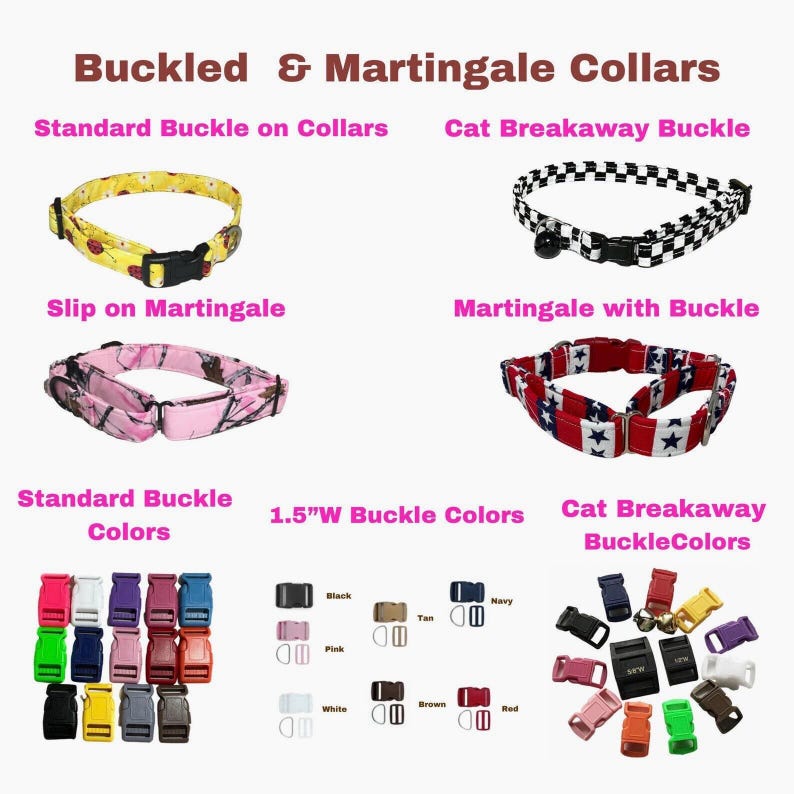 a variety of Buckled & Martingale collars, including standard and cat breakaway styles, with different colors and buckles.