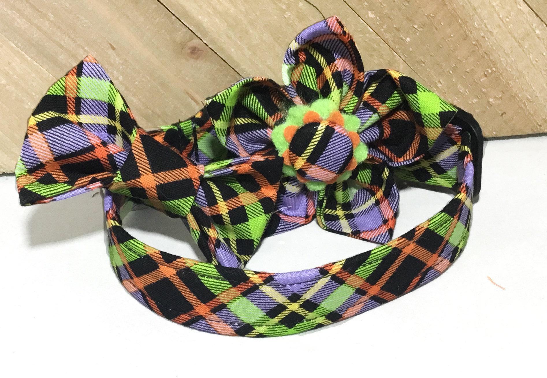 Black Purple Green & Orange Bias Plaid Halloween Bow Tie Or Flower Collar For Dogs & Cats in Buckle Martingale Style /Leash Upgrade