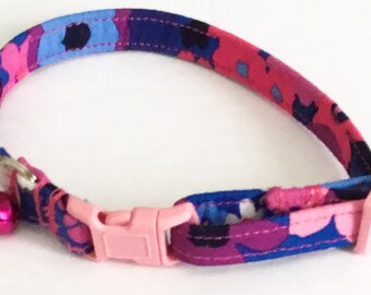 Pink and Blue Floral Cat Collar with Breakaway Buckle and Bell // Matching Flower, Bow tie and Leash Options //Buckle Color Option