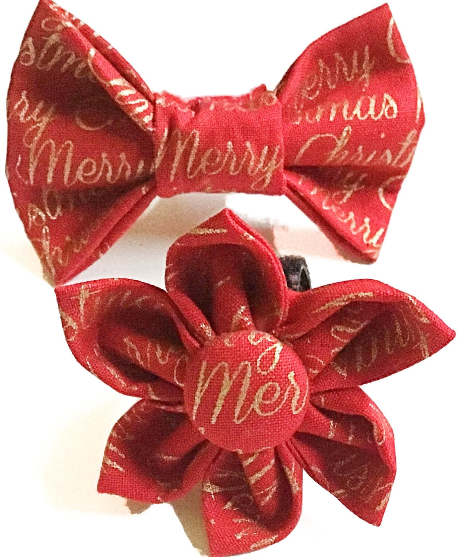Red & Gold Merry Christmas Flower Or Bow Tie For Dog Cat Collar/ Attachable Collar Accessory