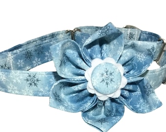 Blue Christmas Snowflake Collar with Flower and White Buckle for Female Dogs & Cat - Winter Collar- Buckled, Martingale, Breakaway for Pets
