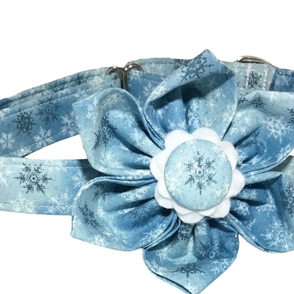 Blue Christmas Snowflake Collar with Flower and White Buckle for Female Dogs & Cat - Winter Collar- Buckled, Martingale, Breakaway for Pets