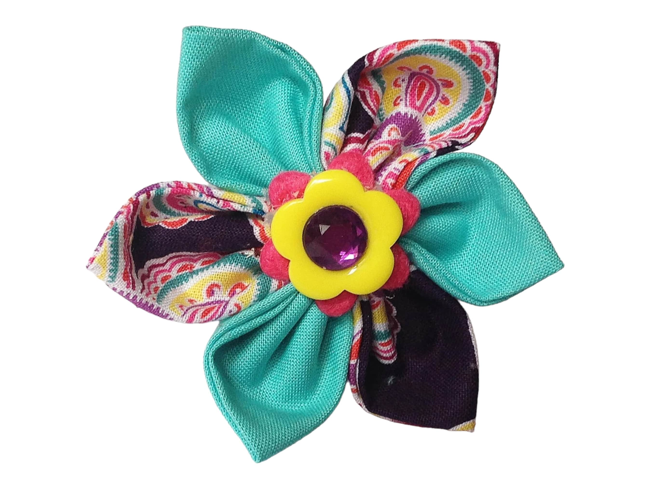 Purple & Aqua Paisley Flower For Girl Dog Or Cat -Attachable Collar Accessory -Leash, Key Fob, Options