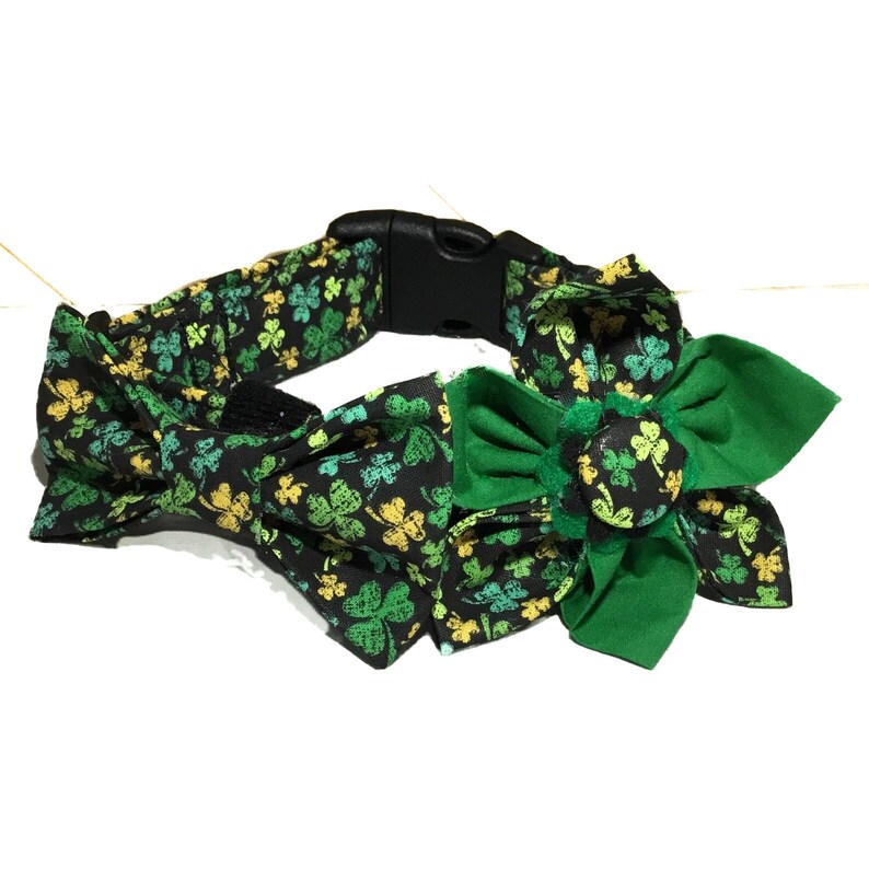 St. Patrick's Day Shamrock Collar with Bow Tie or Flower for Dogs and Cats / Buckle or Martingale/ Metal Buckle Upgrade / Leash Upgrade image 1