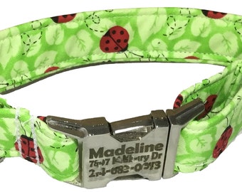 Green and Red Lady Bug Dog Collar with Silver Metal Engraved Buckle / XXS-XL