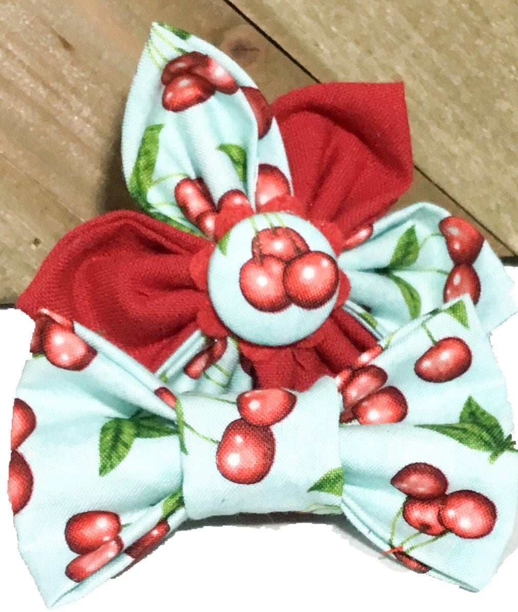 Aqua Flower Or Bow Tie With Red Cherries/Pet Accessory /Attachable Tie