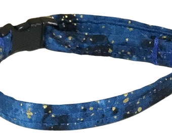 Blue Cat Collar with Metallic Gold Dots &  Breakaway Buckle with Bell - Name Personalization Upgrade