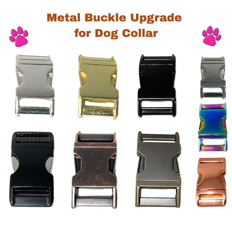 a variety of metal buckles in different colors and sizes, arranged in a grid pattern.