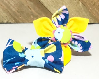 Blue & Yellow  Flower or Bow Tie for Dog or Cat Collar With Birds and Mice /Pet Accessory /Attachable Flower or Bow tie