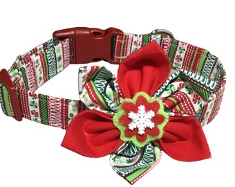 Red & Green Snowflake Christmas Flower Collar for Dogs and Cats with Red Buckle or Slip On Martingale - Winter Holiday Collars- Custom Made