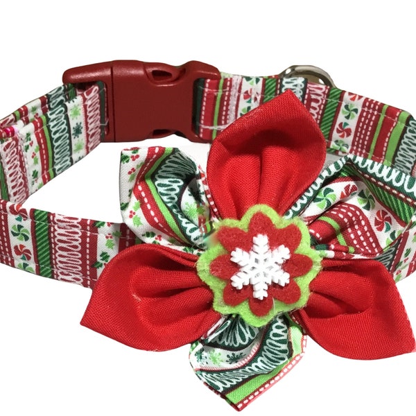 Red & Green Snowflake Christmas Flower Collar for Dogs and Cats with Red Buckle or Slip On Martingale - Winter Holiday Collars- Custom Made