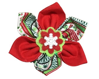 Red and Green Snowflake Christmas Flower for Girl Dog or Cat Collar / Attachable Christmas Pet Accessory