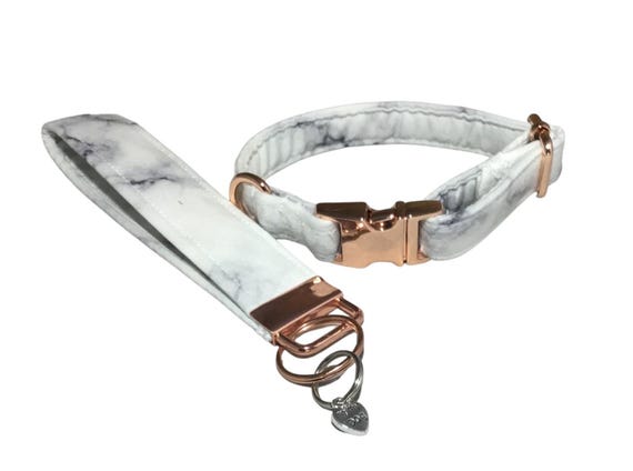 Black and White Marble Collar with Matching Keyfob and Charm  / Rose Gold Metal Collar Hardware