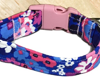 Blue and Pink Collar with Flowers for Girl Dog or Cat with Pink Buckle- Slip on Martingale Option for Pups that Pull