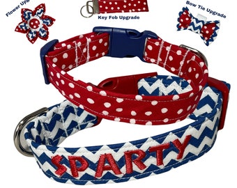 Red, White, and Blue Pet Collars  - Chevron or Polka Dot Designs - Personalized Name, Leash, Bow, Keyfob  and Buckle Upgrade