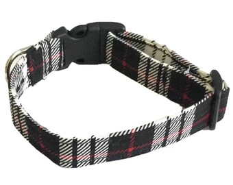 Black, White & Red Plaid Collar for Male Dogs and Cats - Black Buckle  - Special Events or Casual Wear - Martingale Available