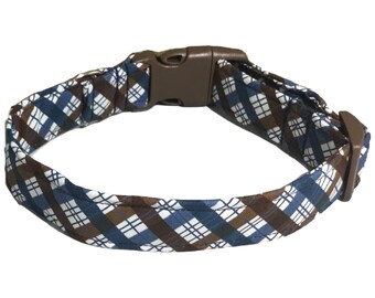 Stylish Blue & Brown Plaid Collar for Dogs or Cats-Buckle, Breakaway, Martingale Available