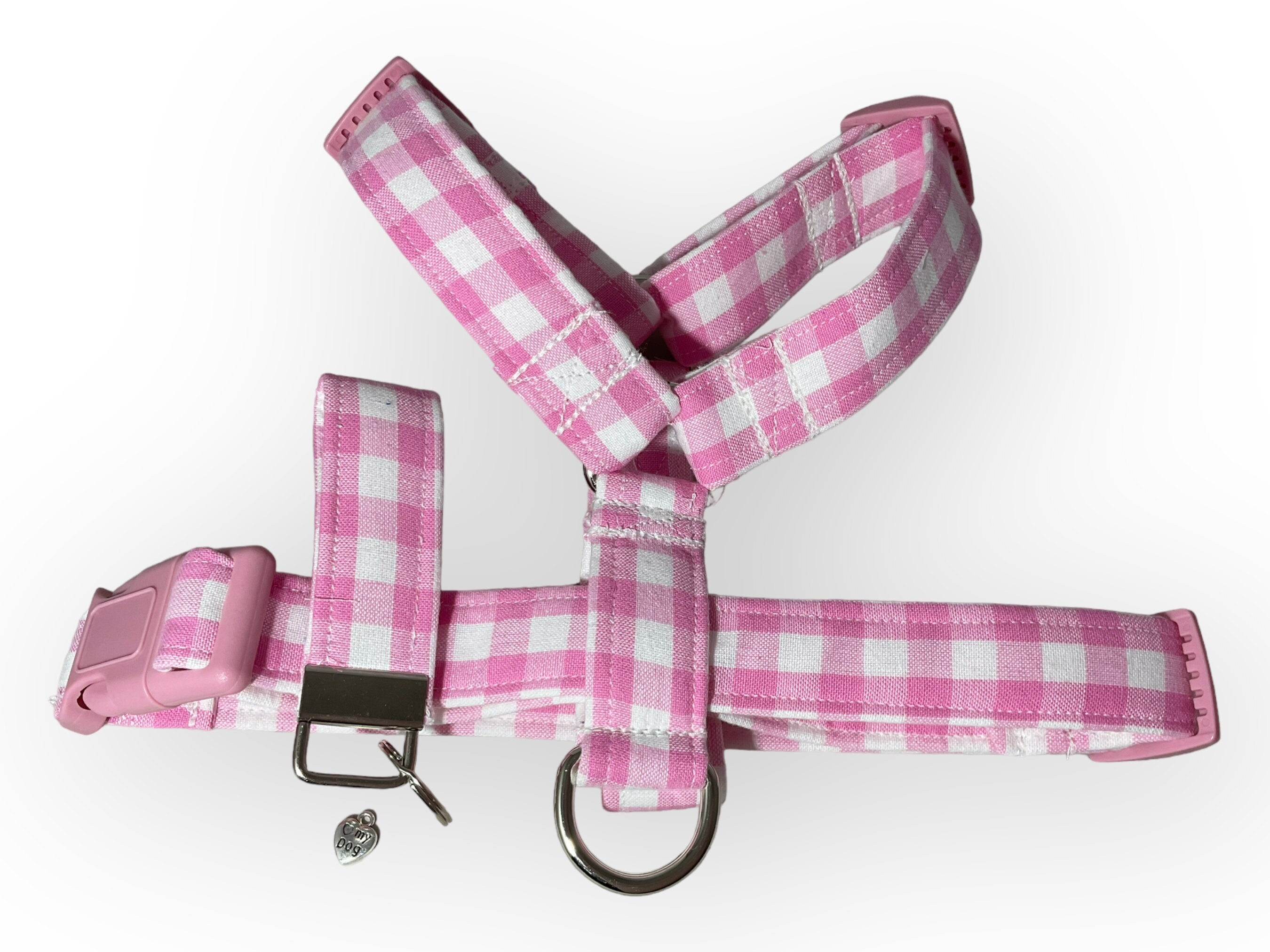Adorable Pink White Checkered Dog Harness With Matching Key Fob