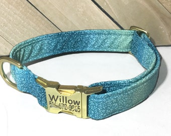 Turquoise Leaves Dog Collar With Nickel Engraved Buckle Which Includes Name & Phone or Microchip Number, Abstract Collars