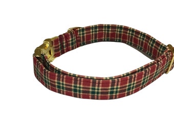 Burgundy Green Plaid Christmas Dog or Cat Collar with Black Buckle or Martingale Style, Handmade Christmas Collar,