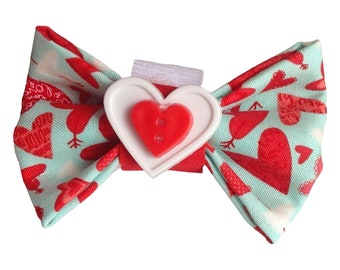 Aqua Valentines  Day  Bow Tie with Red Hearts for Male Dogs & Cats - Attachable Fabric Bow- Custom Made Pet Accessory