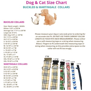 May include: A chart with a dog and cat illustration at the top, showing different sizes of buckled and martingale collars for pets. The chart includes neck length and width measurements in inches. The bottom of the chart shows examples of the different collar widths.