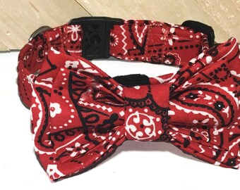 Red Bandana  Collar With Matching Attachable Layered Bow  Tie For Dog Or Cat / Martingale or Buckled/Leash & Metal Buckle Upgrades