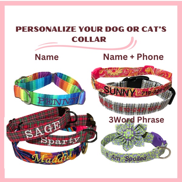 Personalized Name on Dog or Cat Collar - Embroidered Name & Phone Number