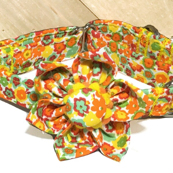 Yellow & Orange Floral Summer Martingale Collar With Flower /Leash Upgrade