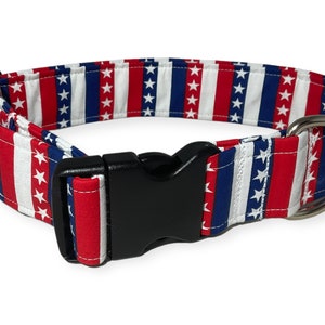 May include: Red, white, and blue striped dog collar with white stars. The collar has a black plastic buckle and a silver D-ring.