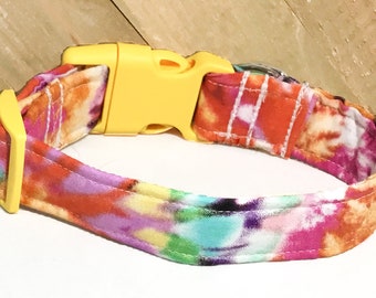 Pink and Yellow Tie Dye Dog and Cat Collar with Yellow Buckle