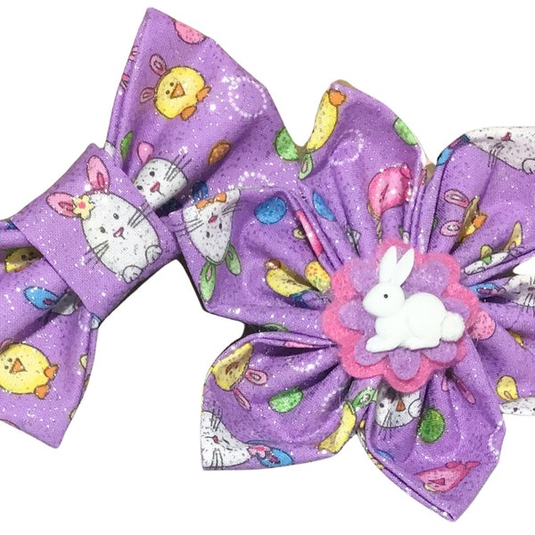 Purple Easter Bunny & Chicks Flower or Bow Tie for Dog or Cat Collar- Easter Collar Accessory- Attachable