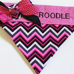 Pink & Black Embroidered Chevron Bandana for Female  Dogs and Cats with Side Ribbon Bow