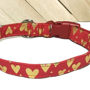 Valentine Dog & Cat Collar with Metallic Gold Hearts and Red Background - Valentine’s Day Collar and Gift