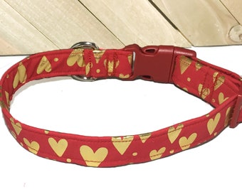 Valentine Dog & Cat Collar with Metallic Gold Hearts and Red Background in Buckled or Martingale Style,  Valentine’s Day Collar and Gift